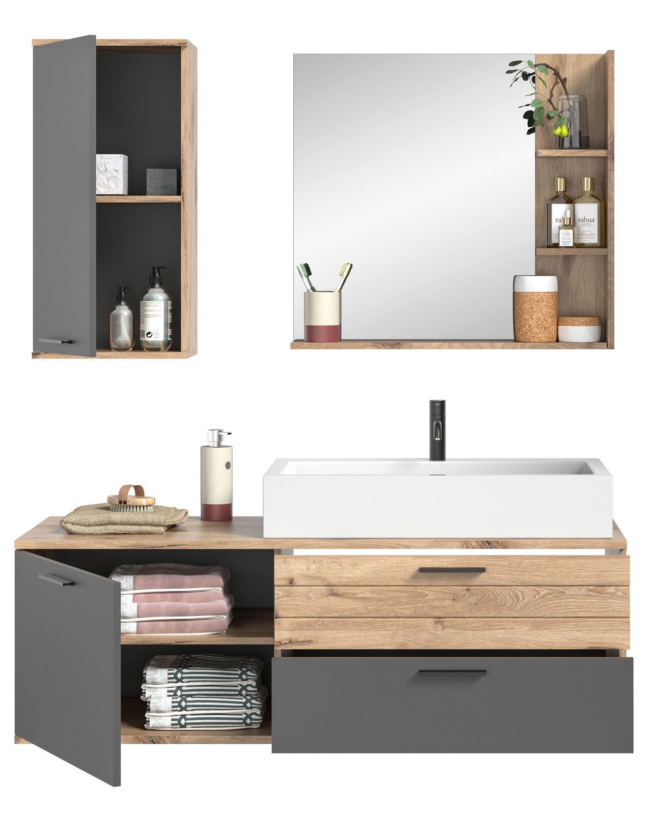 Moderne Badkombination mit Holz- und Grauelementen, bestehend aus einem Waschbeckenunterschrank mit offenen und geschlossenen Fächern, einem großen Spiegel mit seitlichen Regalen und einem separaten Hängeschrank. Frontalansicht.