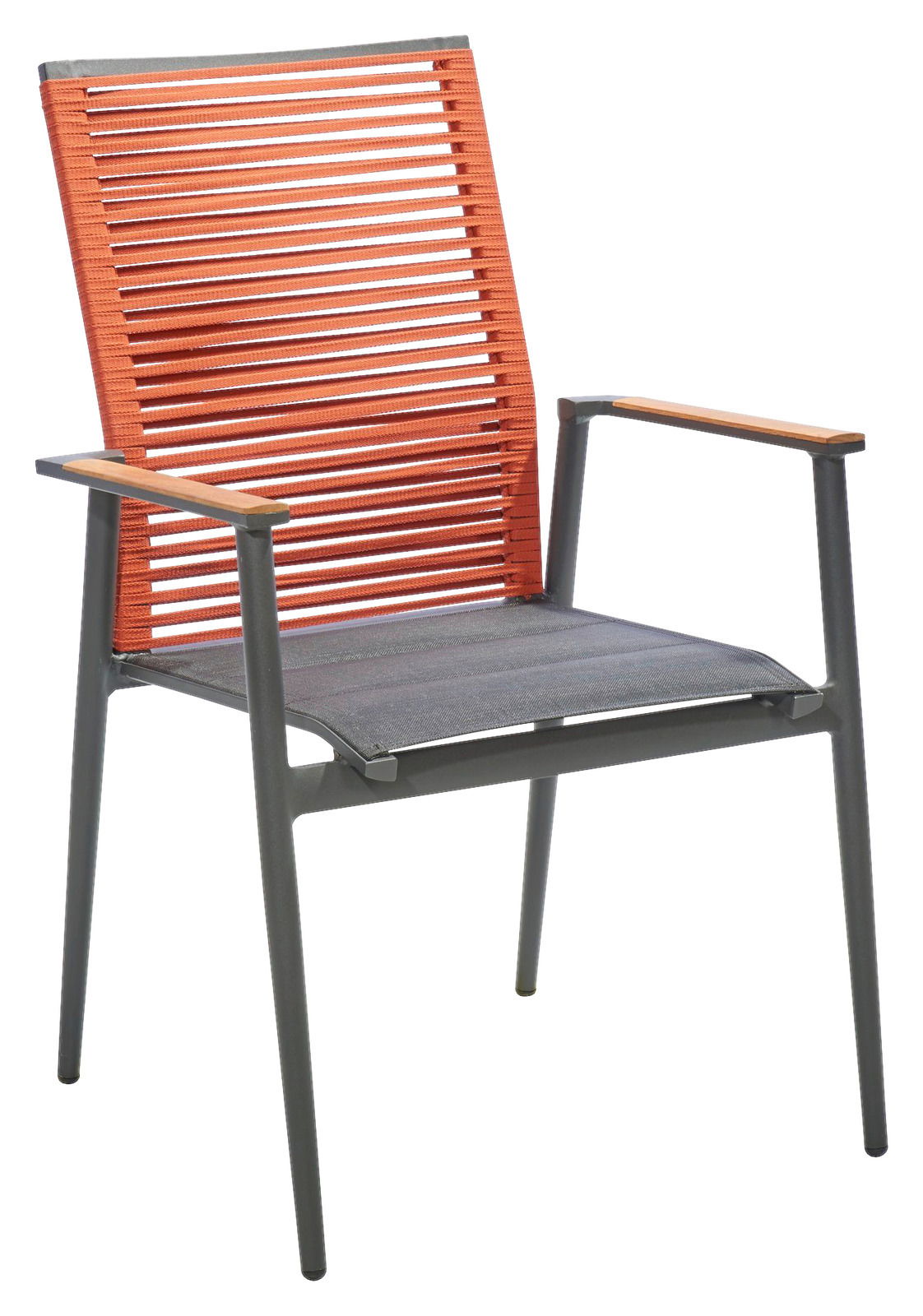 Moderner Sessel mit orangefarbenem, geflochtenem Rücken und grauem Gestell, seitliche Perspektive