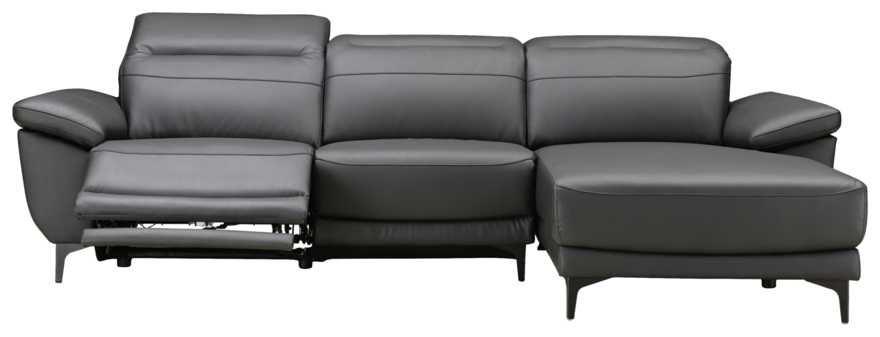 Frontale Ansicht einer modernen, grauen Longchairkombination mit verstellbarem Fußteil auf der linken Seite.