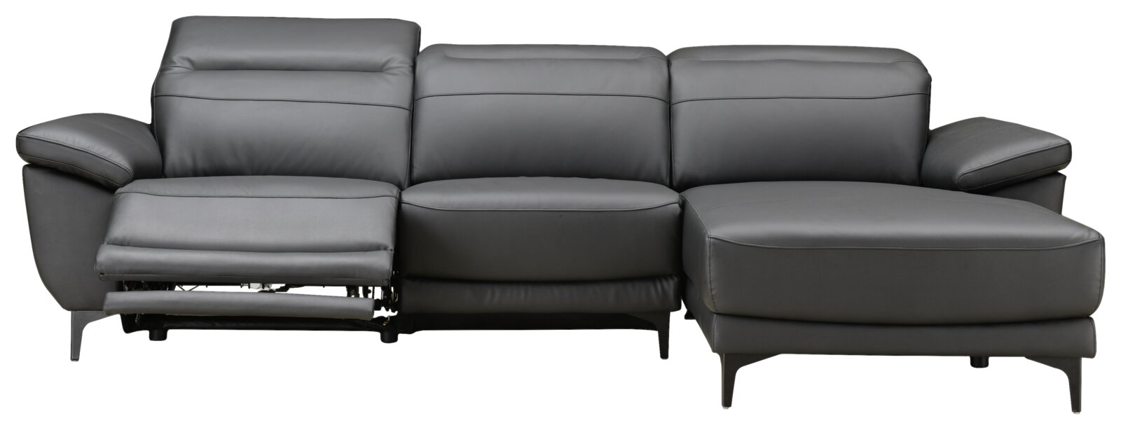 Frontale Ansicht einer modernen, grauen Longchairkombination mit verstellbarem Fußteil auf der linken Seite.