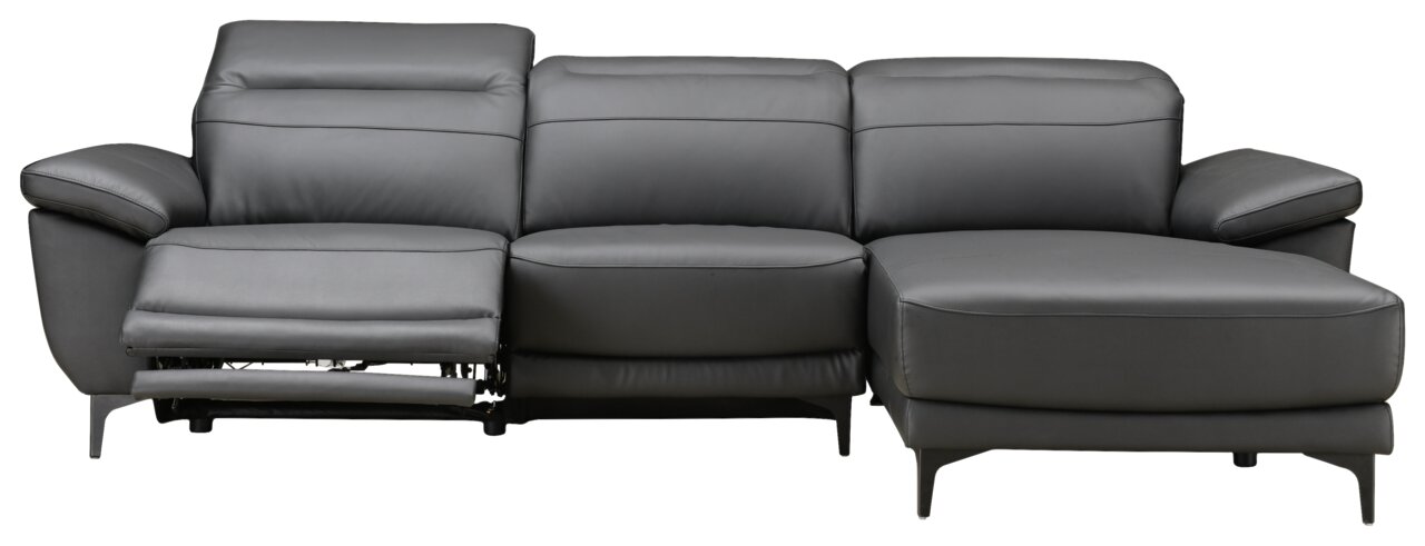 Frontale Ansicht einer modernen, grauen Longchairkombination mit verstellbarem Fußteil auf der linken Seite.