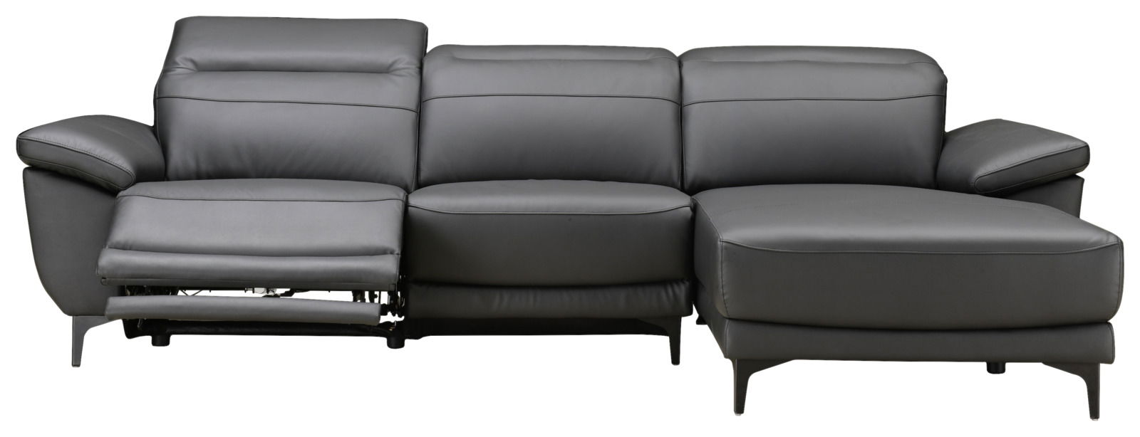 Frontale Ansicht einer modernen, grauen Longchairkombination mit verstellbarem Fußteil auf der linken Seite.