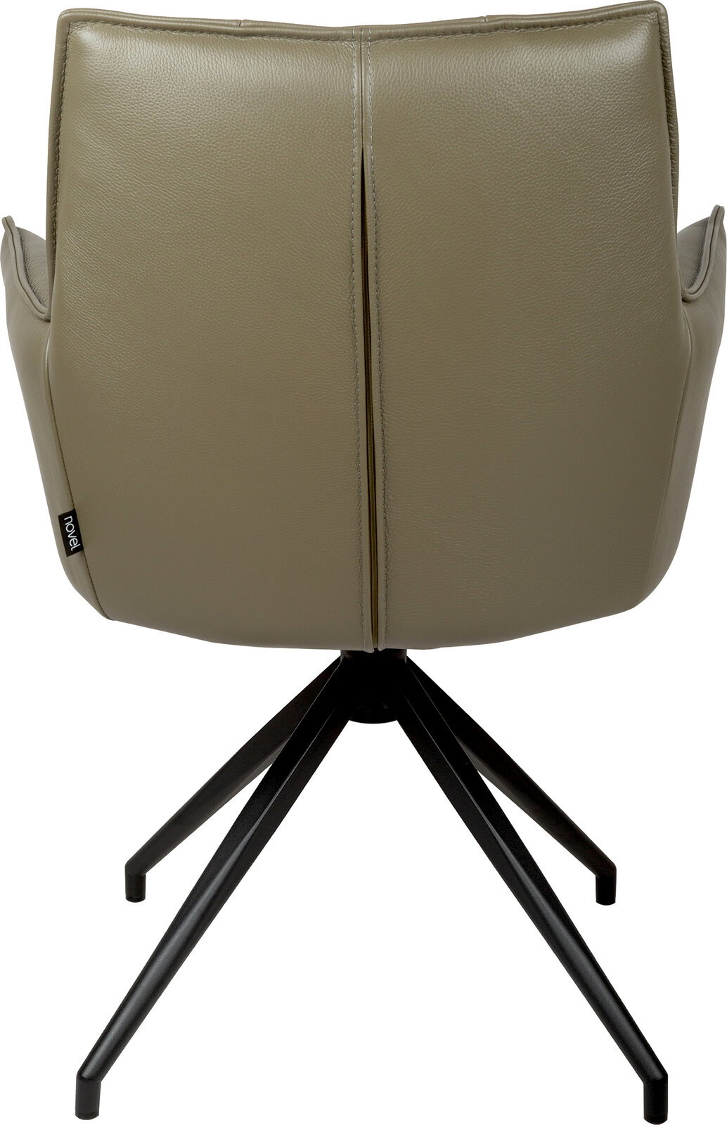 Rückansicht eines taupefarbenen Polster-Drehstuhls mit Lederoptik, seitlichen Armlehnen und schwarzem Metall-Sternfuß vor weißem Hintergrund