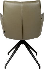 Rückansicht eines taupefarbenen Polster-Drehstuhls mit Lederoptik, seitlichen Armlehnen und schwarzem Metall-Sternfuß vor weißem Hintergrund