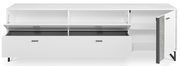 Weißes TV-Lowboard mit offenen Fächern und Schubladen, Frontansicht