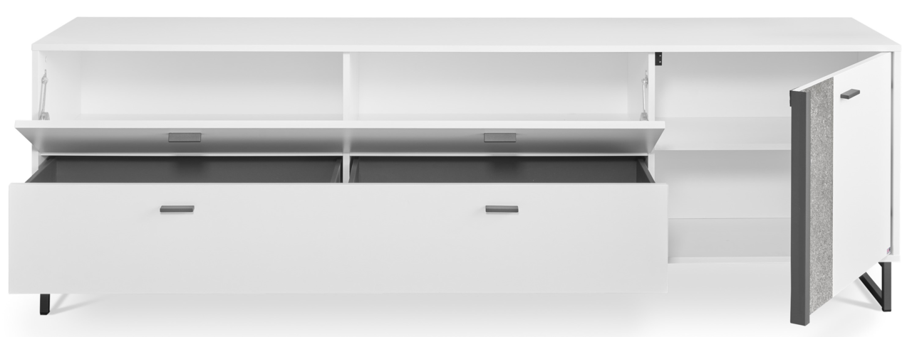 Weißes TV-Lowboard mit offenen Fächern und Schubladen, Frontansicht