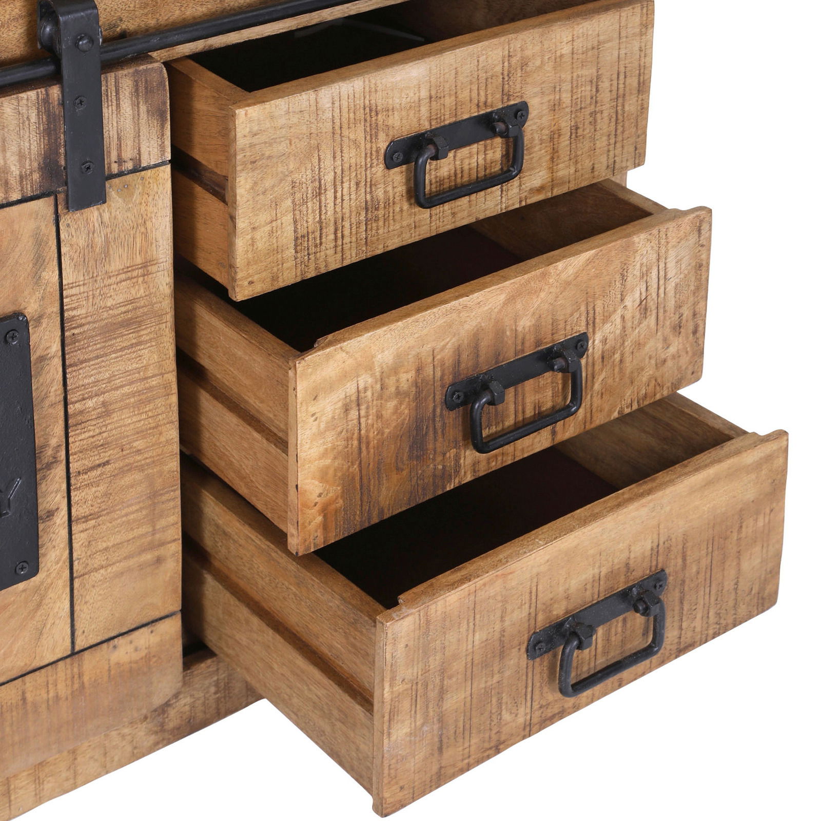 Holzkommode mit drei offenen Schubladen und Metallgriffen, seitliche Perspektive