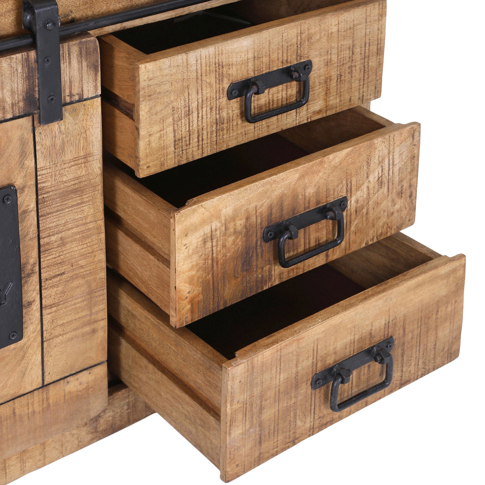 Holzkommode mit drei offenen Schubladen und Metallgriffen, seitliche Perspektive