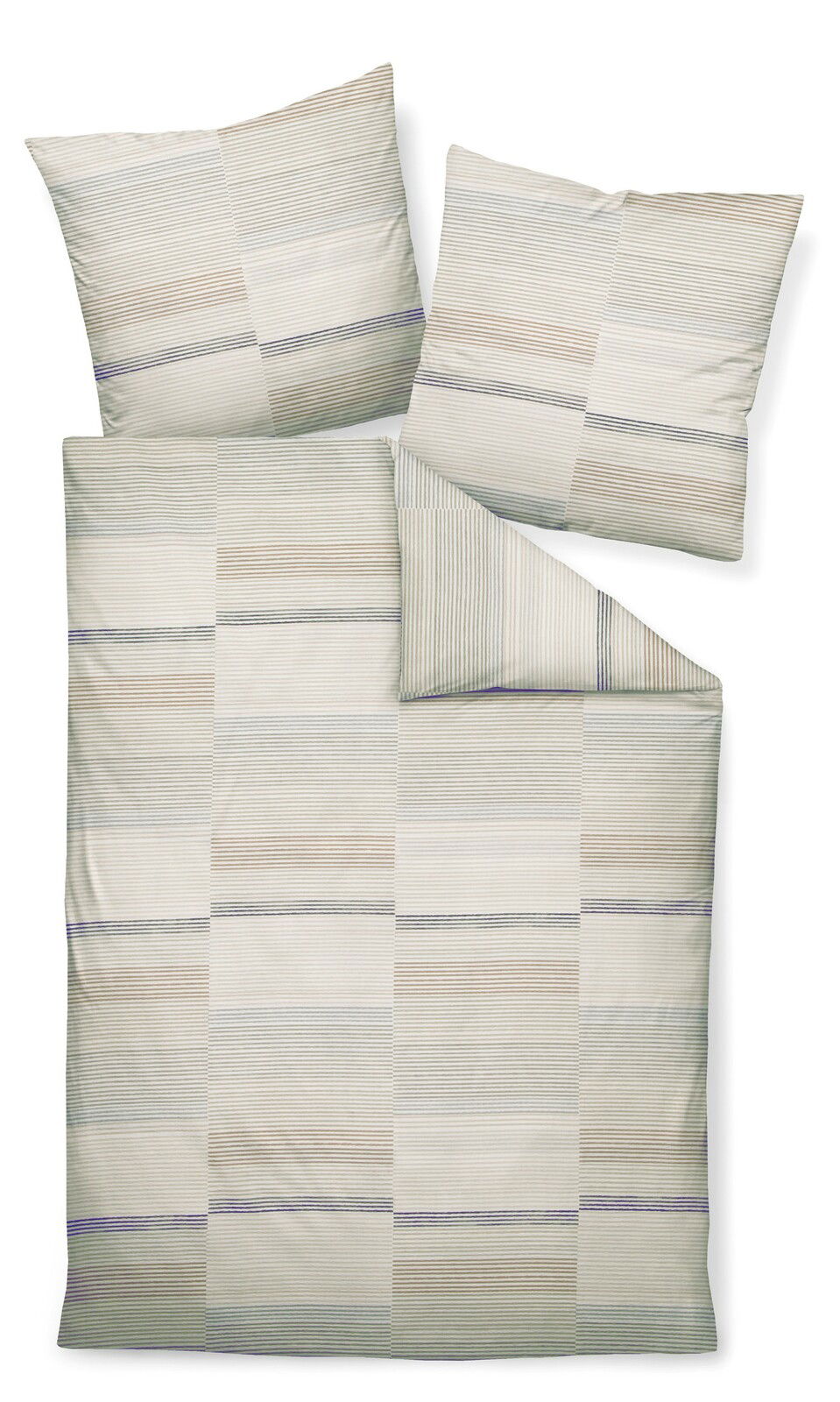 Bettwäsche-Set 135x200cm mit gestreiftem Muster in Beige- und Grautönen, Draufsicht