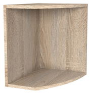 Eckregalaufsatz aus Holz in heller Eichenoptik, perspektivisch von vorne links betrachtet