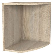 Eckregalaufsatz aus Holz in heller Eichenoptik, perspektivisch von vorne links betrachtet