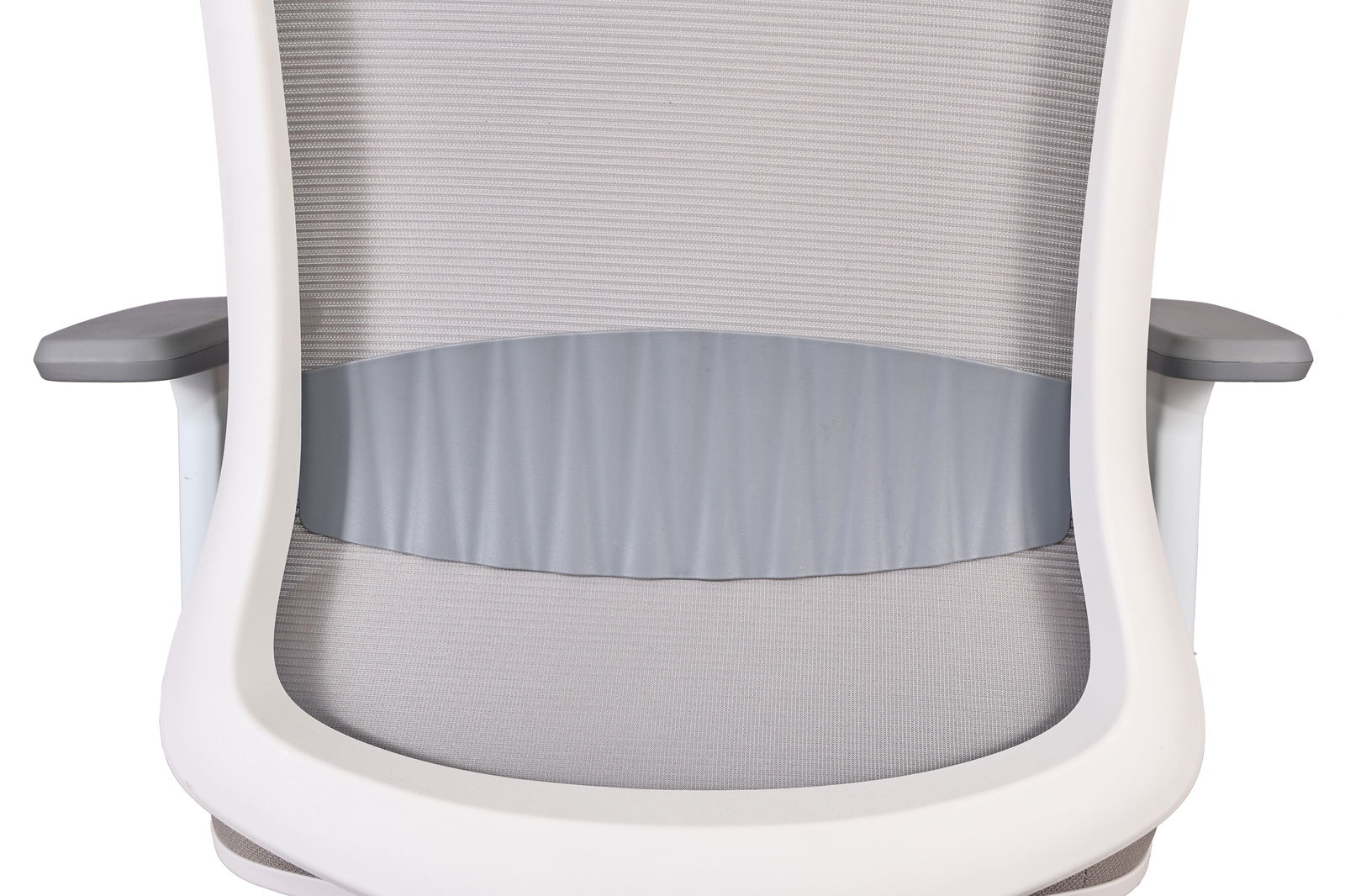 Rückansicht eines modernen Drehstuhls mit grauem Netzrücken und weißen Armlehnen.