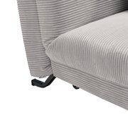 Close-up van een grijze functionele bank met geribbelde stoffen bekleding, gezien vanaf de zijkant