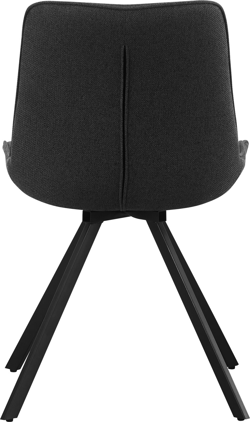 Rückansicht eines modernen Polsterstuhls mit dunkelgrauem Stoffbezug und schwarzen Metallbeinen auf weißem Hintergrund