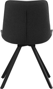 Rückansicht eines modernen Polsterstuhls mit dunkelgrauem Stoffbezug und schwarzen Metallbeinen auf weißem Hintergrund