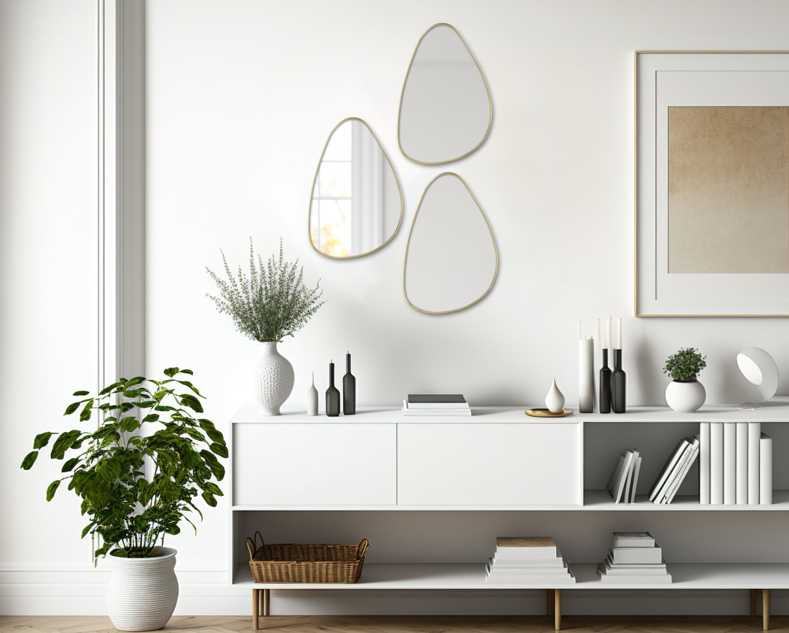 Drei moderne, organisch geformte Spiegel mit schmalem Rahmen an einer weißen Wand, perspektivisch von vorne betrachtet, über einem stilvollen Sideboard mit Dekorationen.