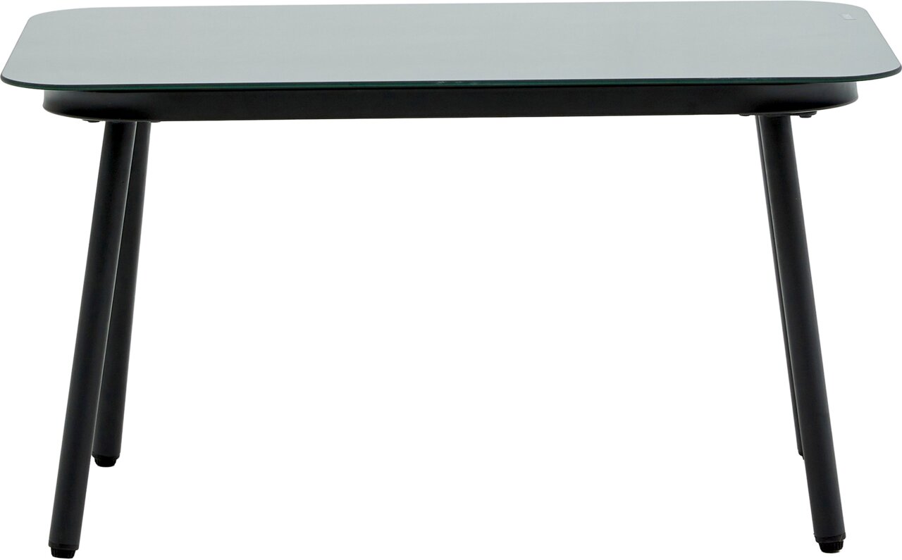 Moderner Gartentisch mit Glasplatte und schwarzen Metallbeinen, Frontalansicht