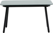 Moderner Gartentisch mit Glasplatte und schwarzen Metallbeinen, Frontalansicht
