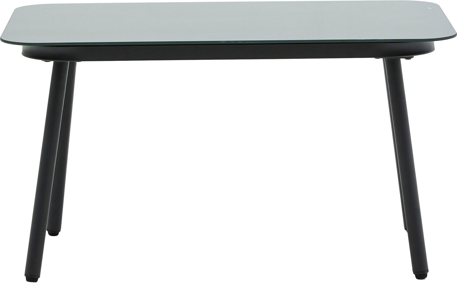 Moderner Gartentisch mit Glasplatte und schwarzen Metallbeinen, Frontalansicht