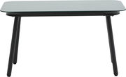 Moderner Gartentisch mit Glasplatte und schwarzen Metallbeinen, Frontalansicht