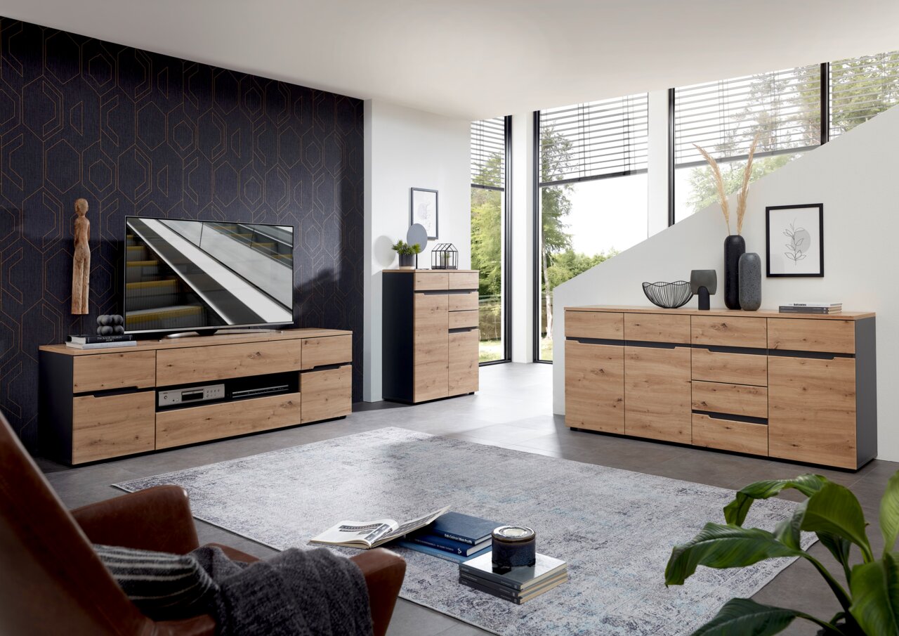 Voleo XL-Sideboard DETROIT Moderne Wohnzimmermöbel in Holzoptik mit TV-Lowboard, Kommode und Sideboard, seitliche Perspektive