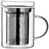 Transparentes Teeglas mit Henkel, integriertem Edelstahlfilter und Deckel, seitliche Ansicht