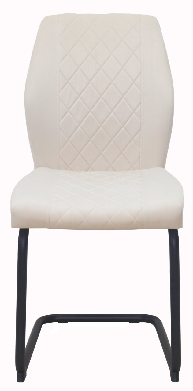 Moderner Schwingstuhl mit cremefarbenem, gestepptem Bezug und schwarzem Metallgestell, Frontalansicht.