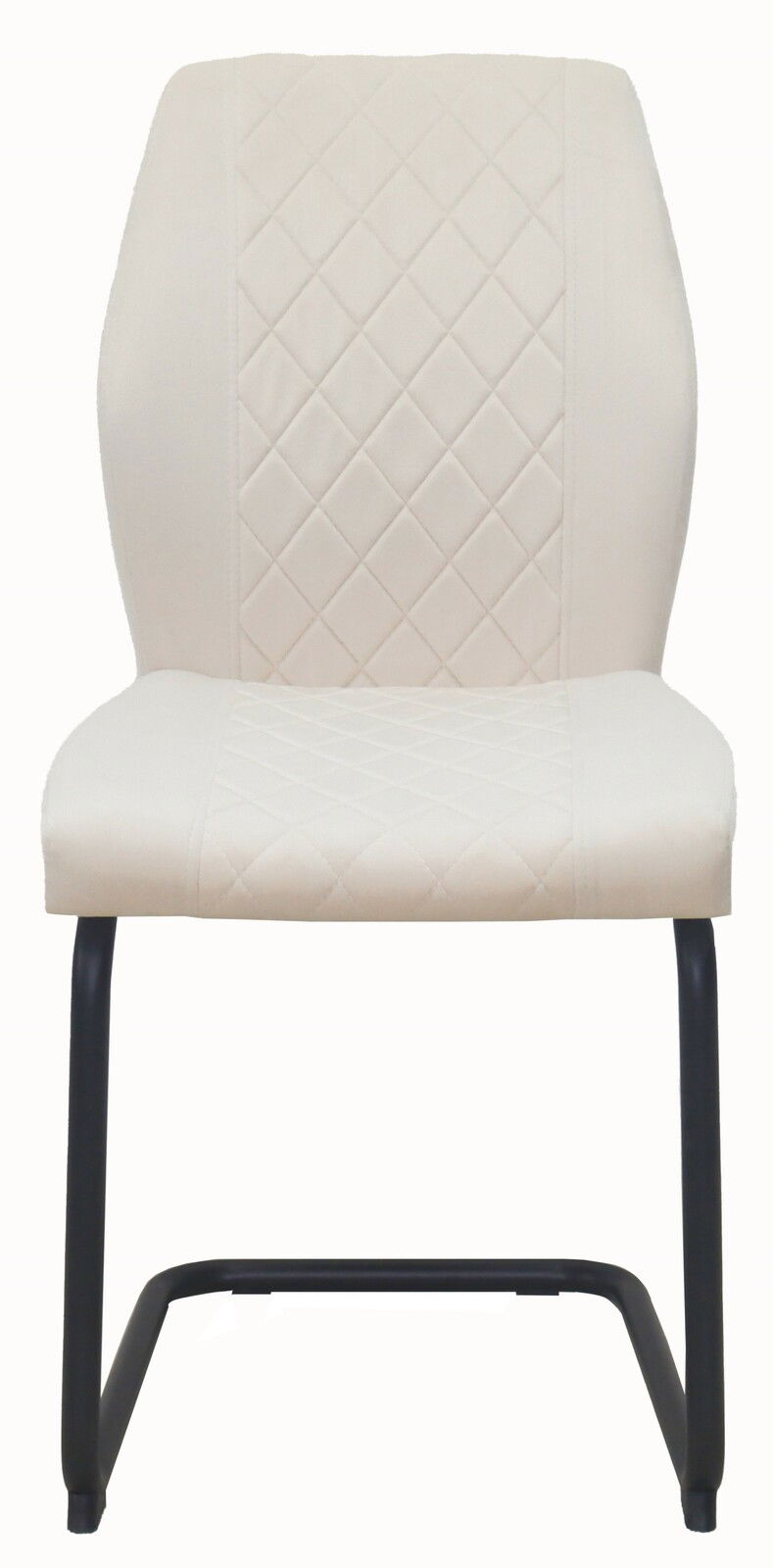 Moderner Schwingstuhl mit cremefarbenem, gestepptem Bezug und schwarzem Metallgestell, Frontalansicht.