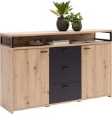 Modernes Sideboard aus Holz mit schwarzen Schubladen und Türen, dekoriert mit Pflanzen und Zeitschriften, frontal betrachtet.