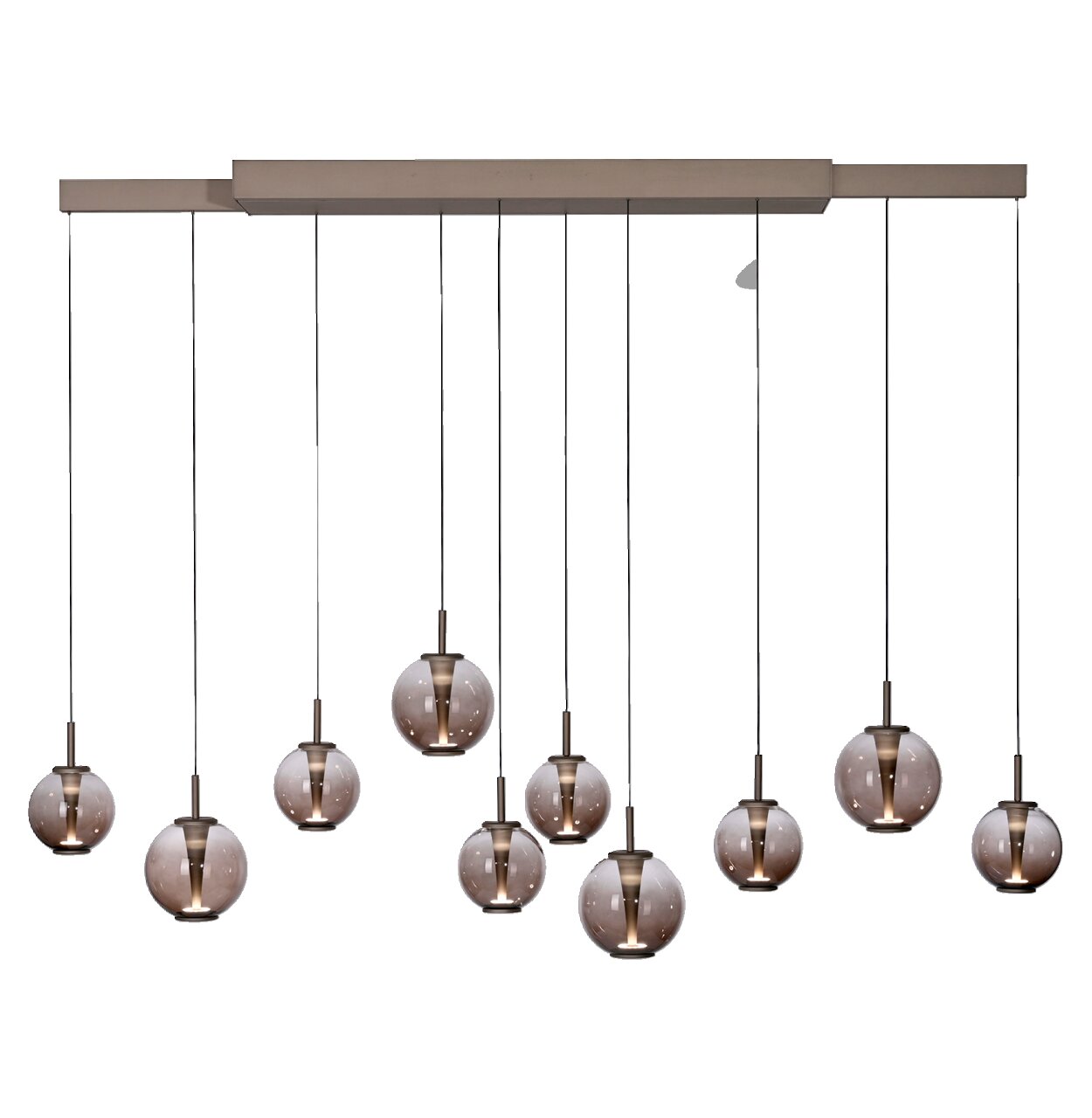 Moderne LED-Pendelleuchte mit mehreren kugelförmigen Glaskörpern, frontal betrachtet.