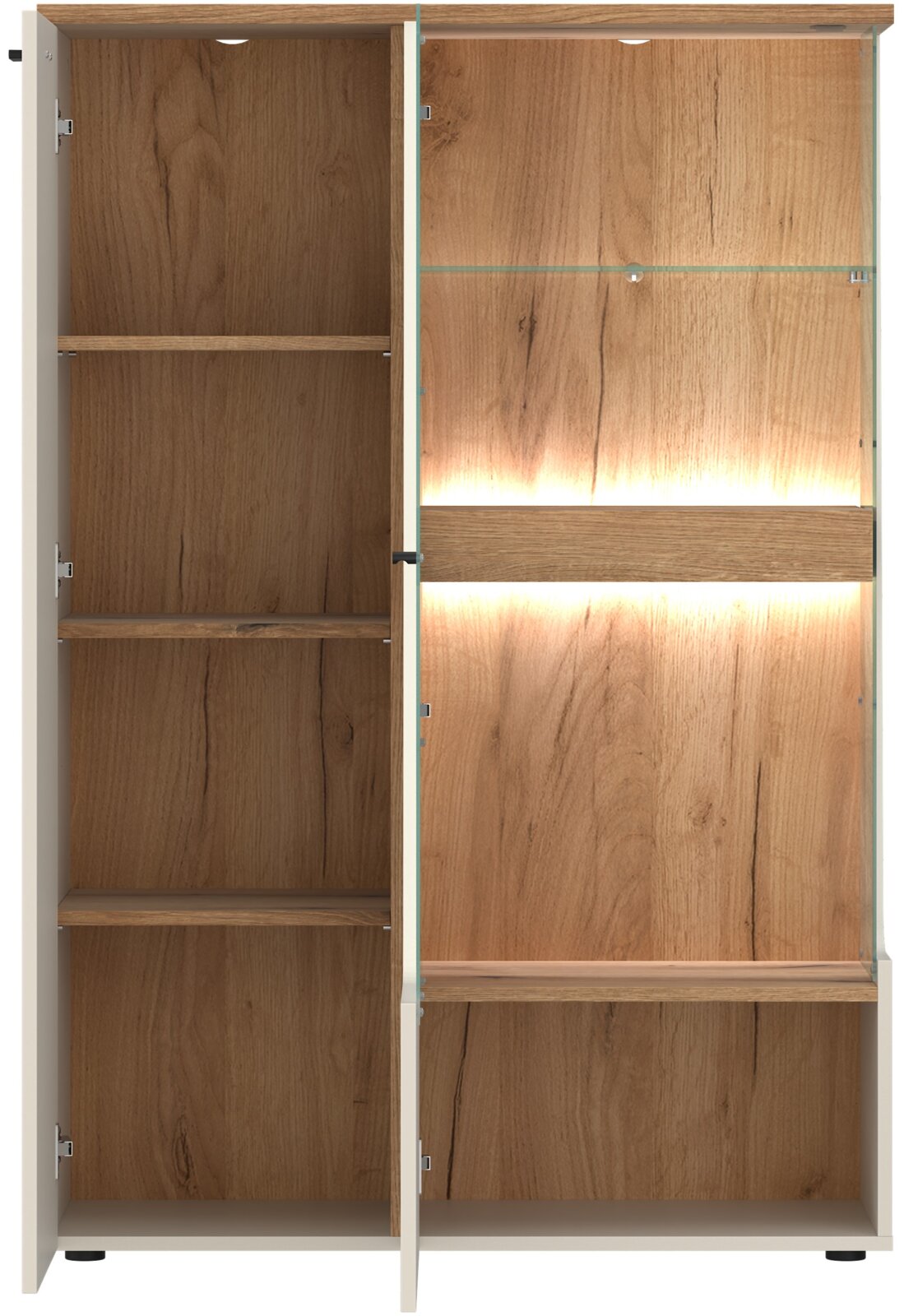 Hoogkast met houtlook, open deuren, links gezien, verlichte glazen planken