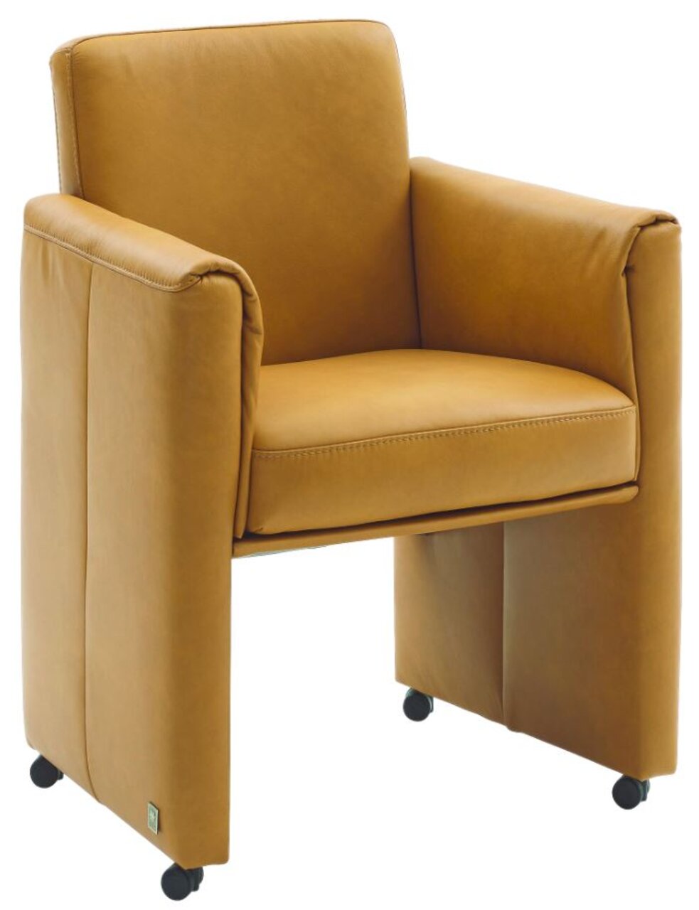 Moderne fauteuil van bruin leer met wieltjes, vooraanzicht