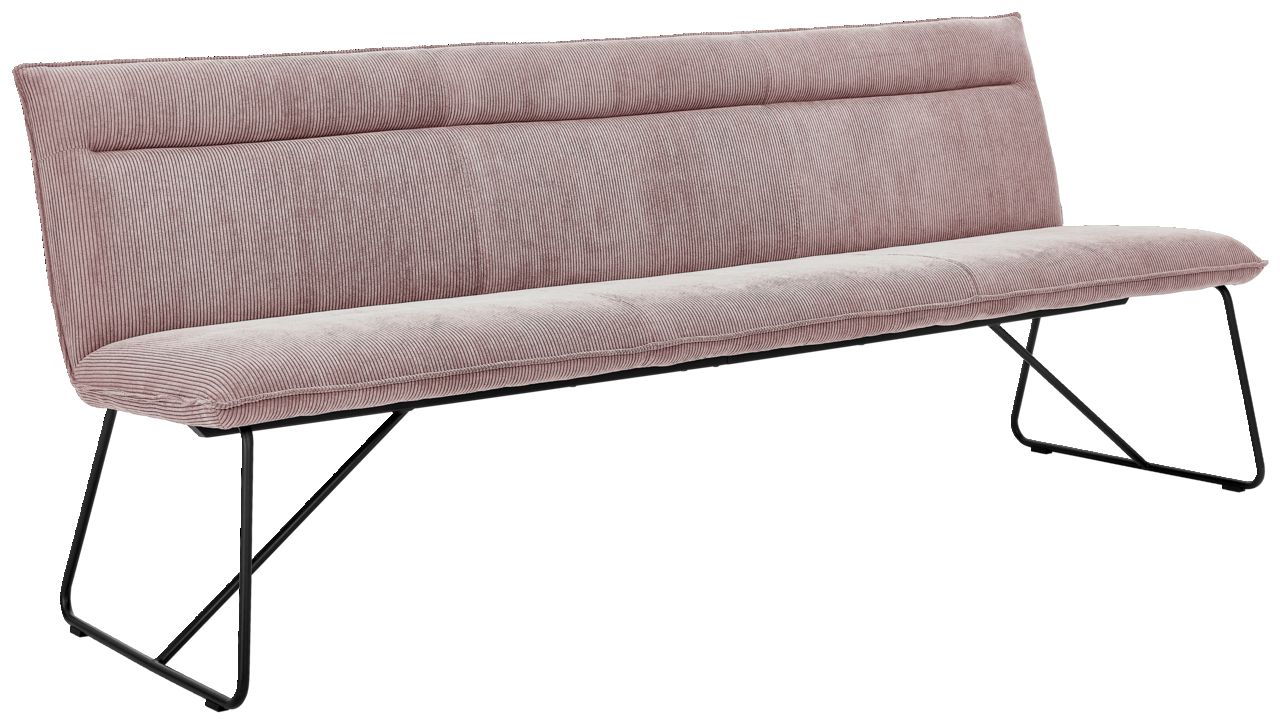 Johann Jakob Sitzbank CALAS Rosa Sitzbank mit Stoffbezug und schwarzen Metallbeinen, seitliche Perspektive