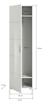 Weißer Garderobenschrank mit offener Tür, zeigt Innenfächer und Maße, perspektivische Ansicht von vorne.