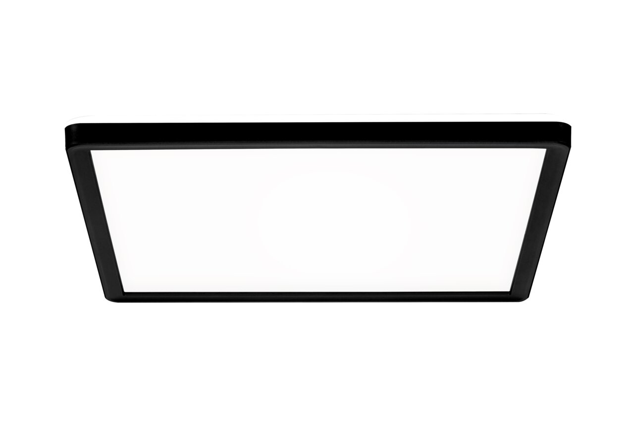 Quadratische LED-Deckenleuchte mit schwarzem Rahmen, Ansicht von unten.