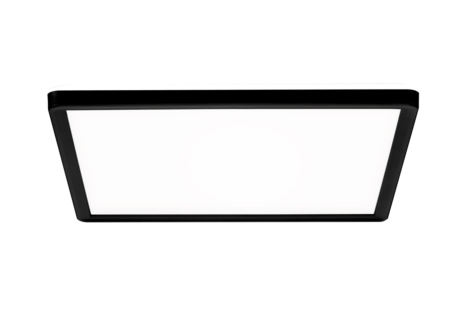 Quadratische LED-Deckenleuchte mit schwarzem Rahmen, Ansicht von unten.