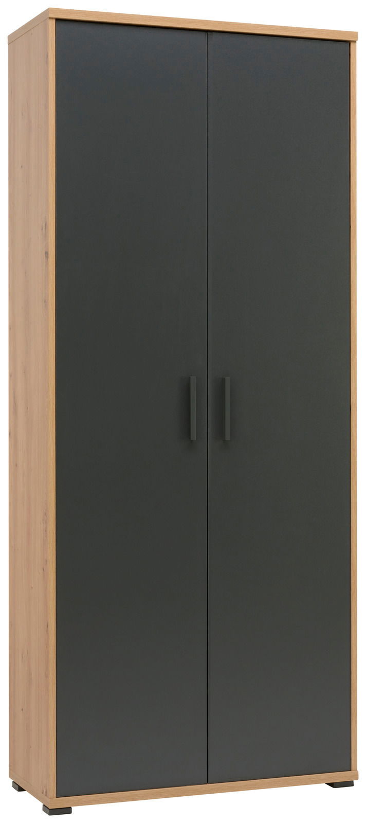 Schrank mit dunklen Türen und Holzrahmen, Frontalansicht