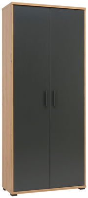 Schrank mit dunklen Türen und Holzrahmen, Frontalansicht