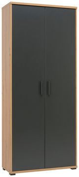 Schrank mit dunklen Türen und Holzrahmen, Frontalansicht