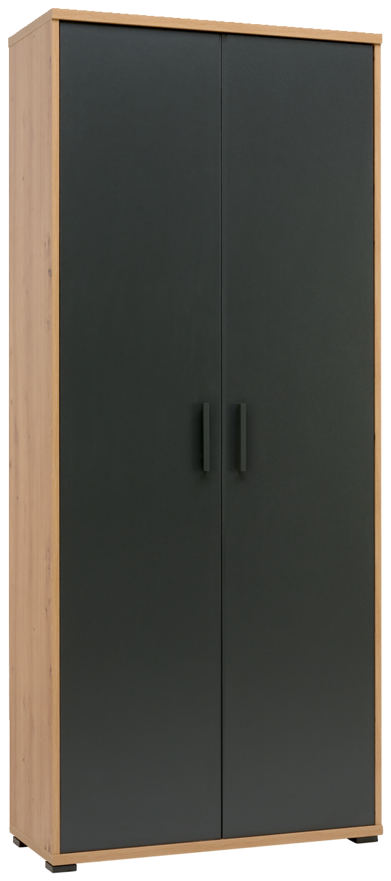 Schrank mit dunklen Türen und Holzrahmen, Frontalansicht