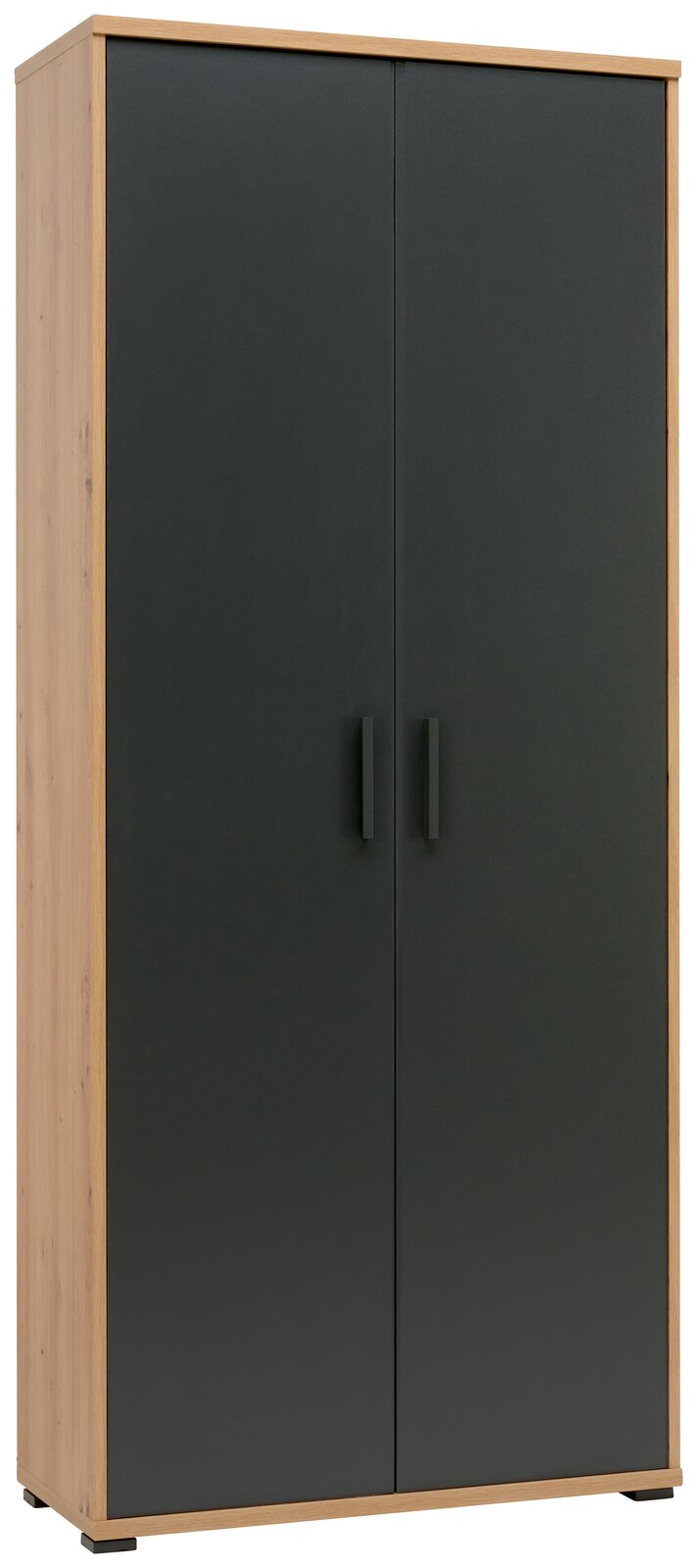 Schrank mit dunklen Türen und Holzrahmen, Frontalansicht