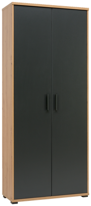 Schrank mit dunklen Türen und Holzrahmen, Frontalansicht