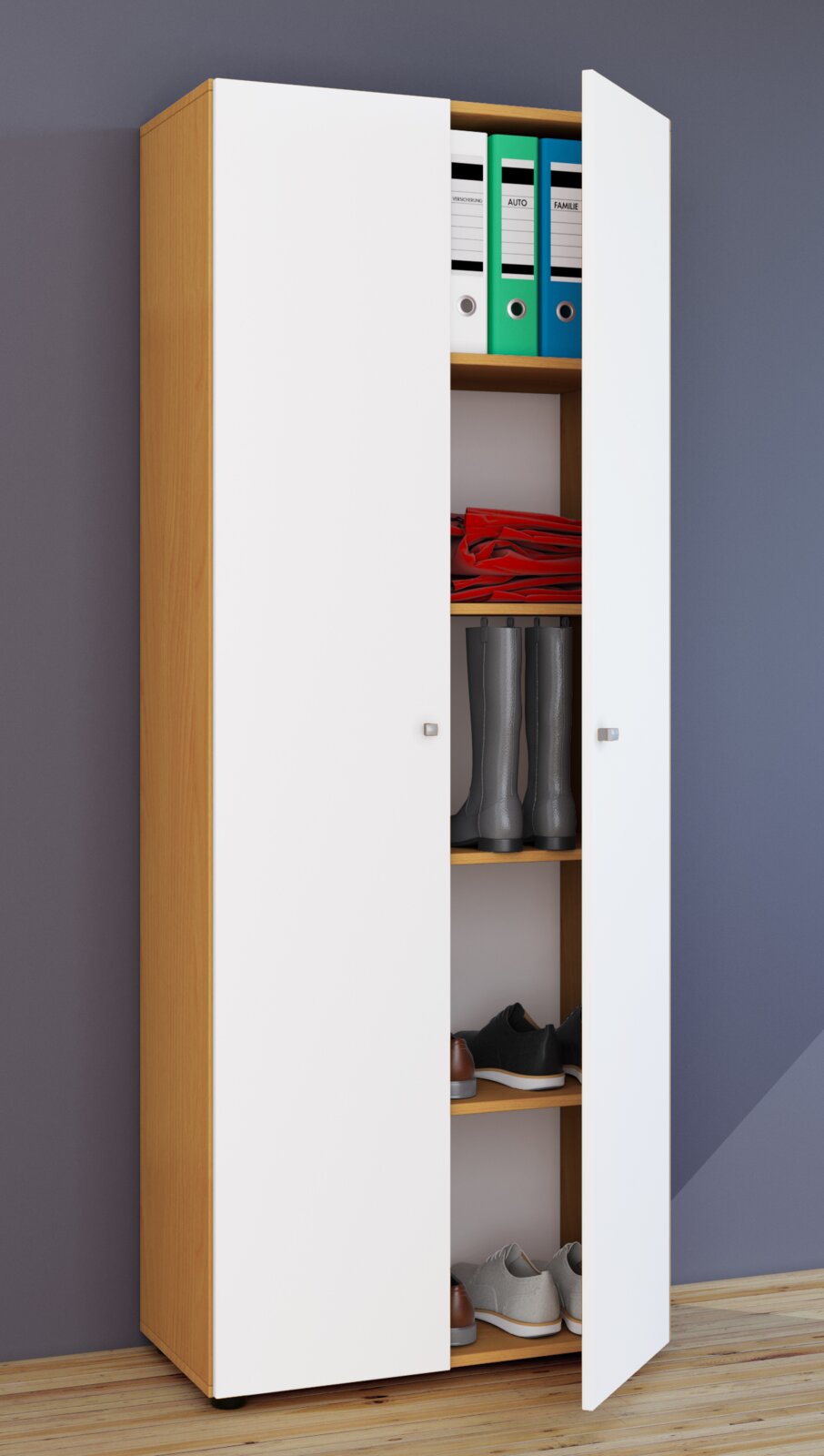 Hoher Schuh- und Mehrzweckschrank aus Holz mit weißen Türen, beide Türen geöffnet, Innenfächer mit Ordnern und Schuhen, schräg von vorn fotografiert