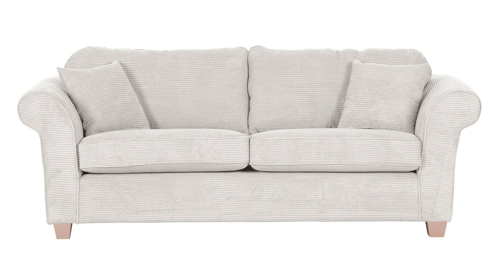 Beiges 3-Sitzer-Sofa mit geripptem Stoffbezug, frontal fotografiert.