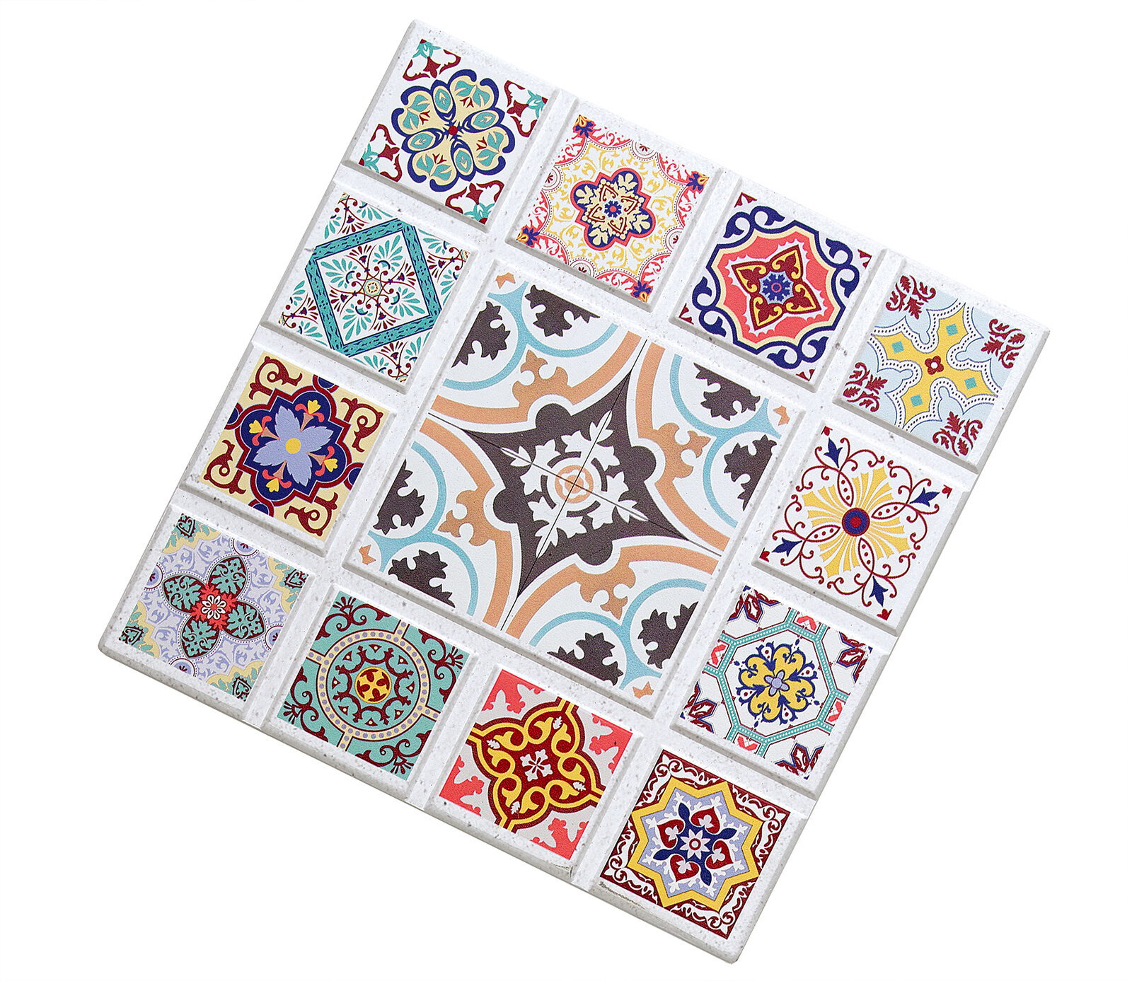 Zassenhaus Untersetzer CASABLANCA Bunte Untersetzer im Mosaikstil mit verschiedenen Mustern, aus der Vogelperspektive fotografiert.