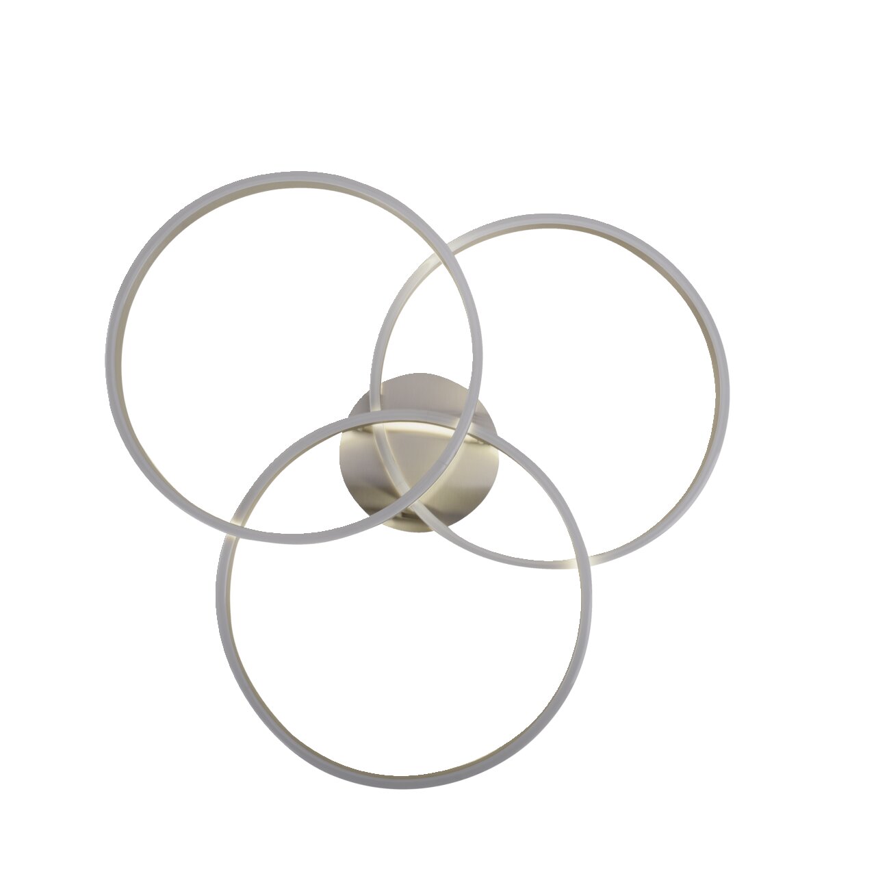 Moderne Deckenleuchte aus Stahl mit drei ineinander verschlungenen Ringen, Ansicht von unten.