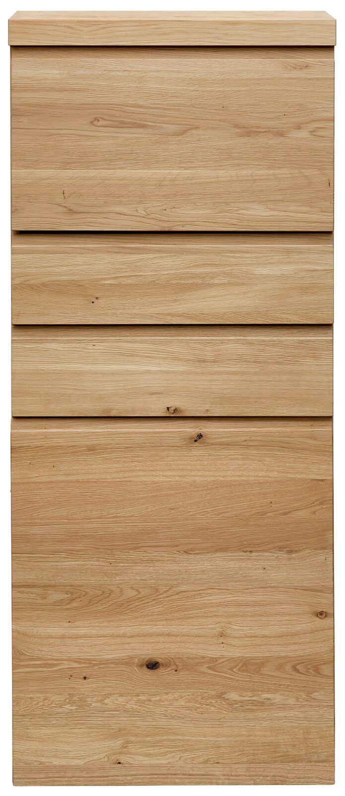Venjakob Highboard V-PLUS 3000 Frontansicht eines hohen, modernen Schranks aus hellem Holz mit natürlicher Maserung, drei grifflosen Schubladen und einer großen Tür