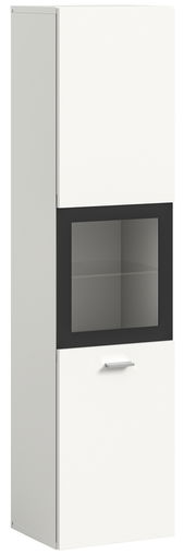 Moderner Badschrank in Weiß mit Glaseinsatz, seitliche Perspektive