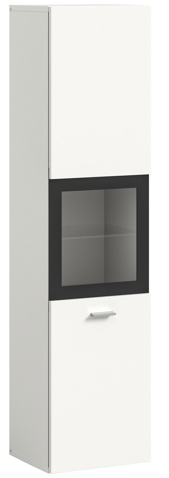 Moderner Badschrank in Weiß mit Glaseinsatz, seitliche Perspektive