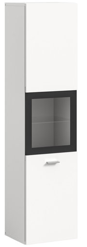 Moderner Badschrank in Weiß mit Glaseinsatz, seitliche Perspektive